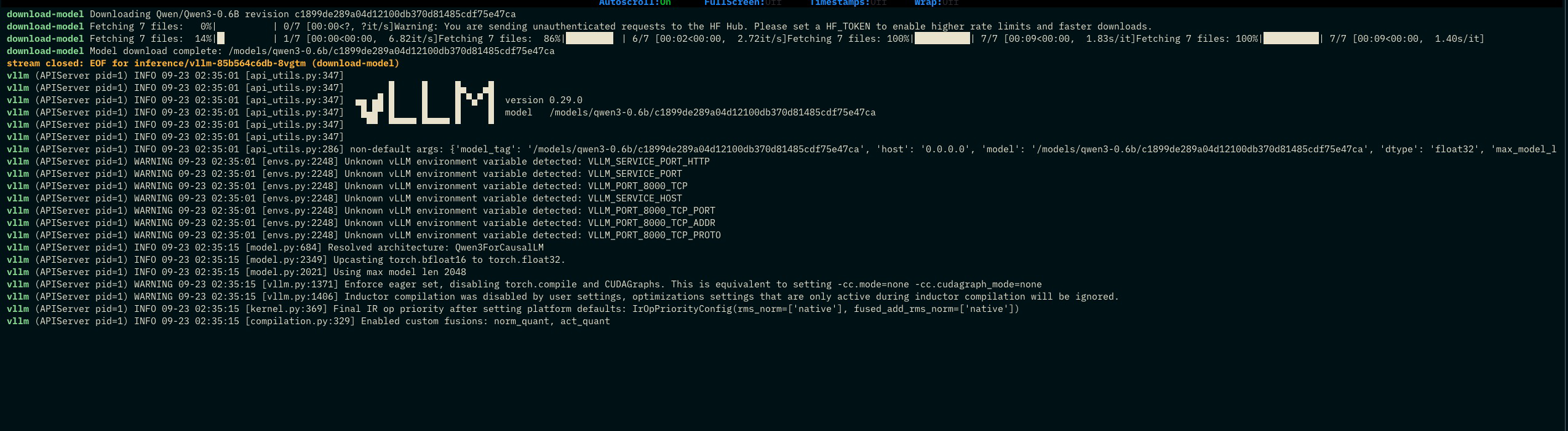 The vLLM deployment starting on the cluster